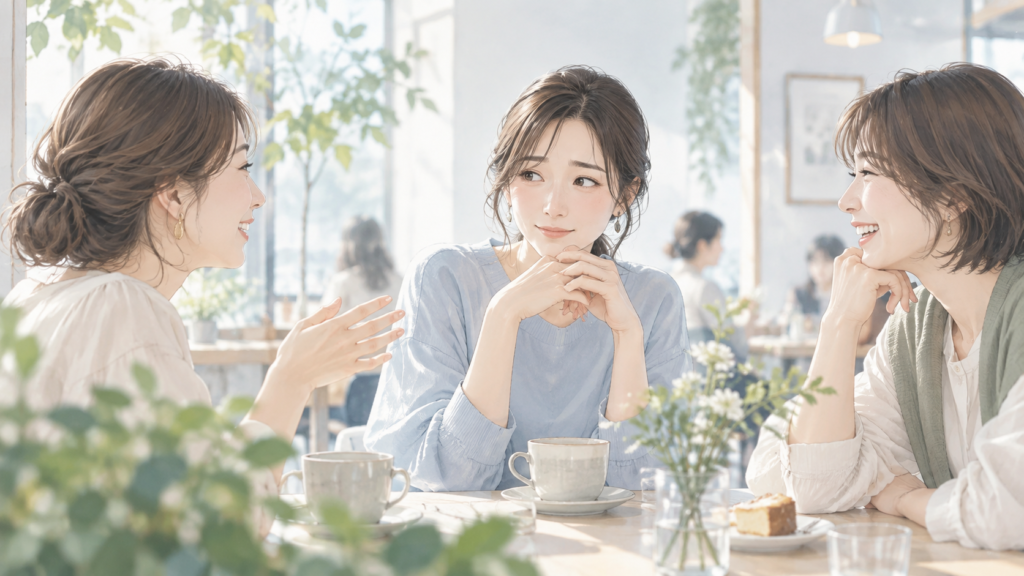 カフェで集まる女子3人