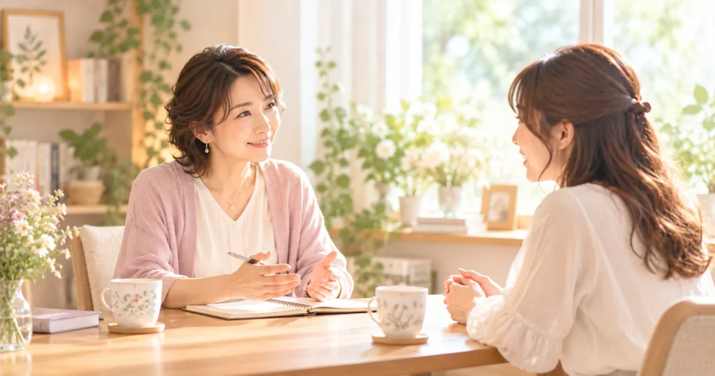 テーブル越しに向き合うカウンセラーとクライアント